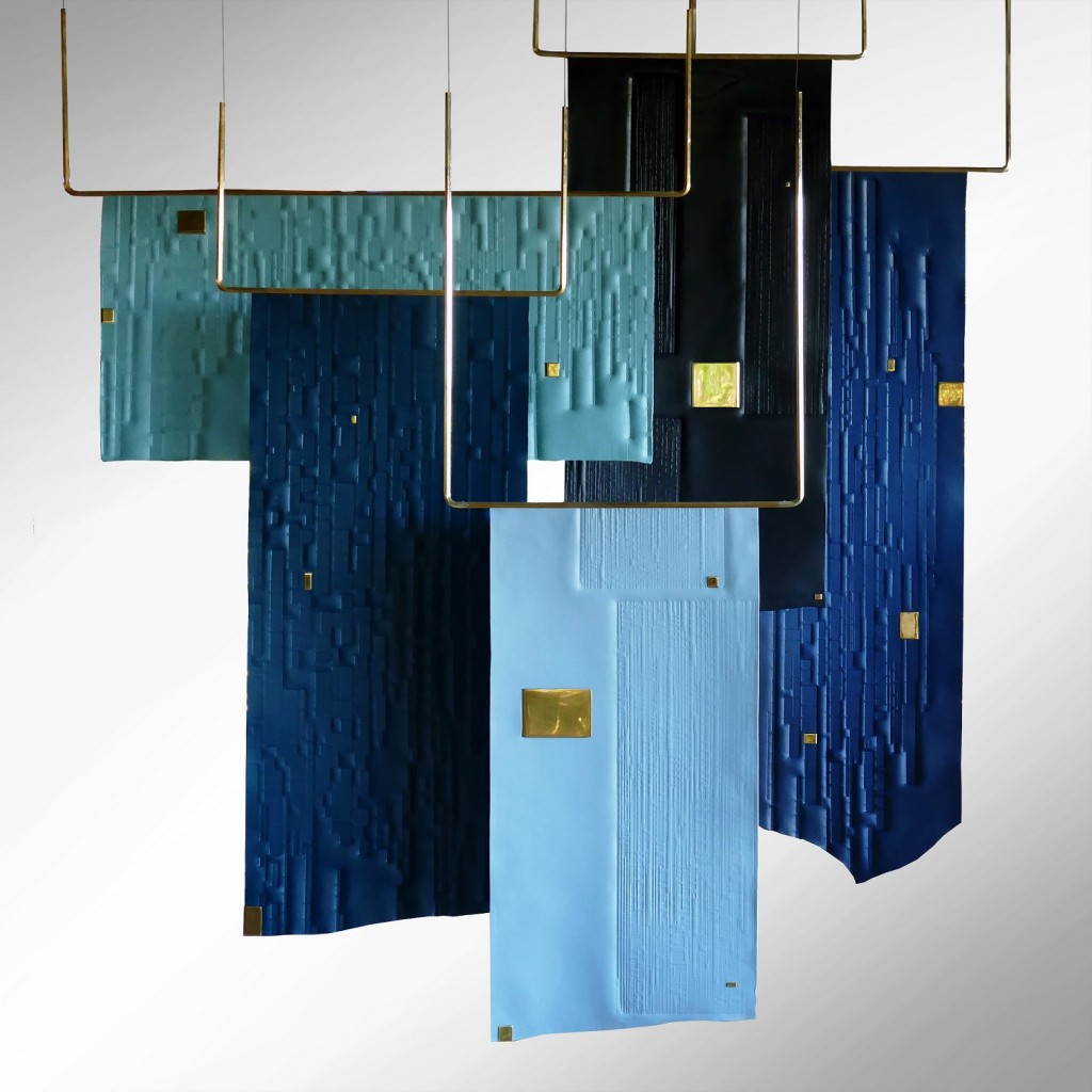 Trapeze Blue by Xavier Clarisse will be among a colourful array of collectible design to see at Colour Field. Trapeze Blue is a series of five hanging, embossed leather screens resembling planes of colour in space. 