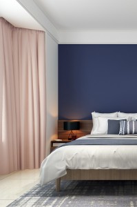 The interior design of modern loft bedroom and blue wall texture