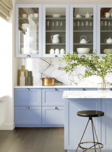 3d rendering of a light blue rustic country kitchen with white m