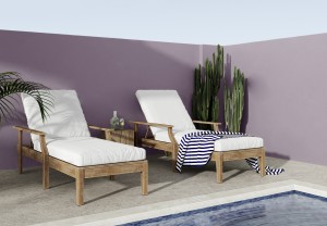 Sunbed, lemonade, palm leaf and swimming pool in backyard, summer concept, 3d rendering