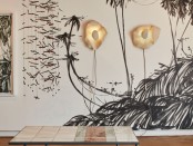 Eclipse Wall Sconces above a Kiri Coffee Table, with a Reef Fragmented Ceramic installation by Nindya Bucktowar and Botanical Wall Mural by Nikhil Tricam (1)